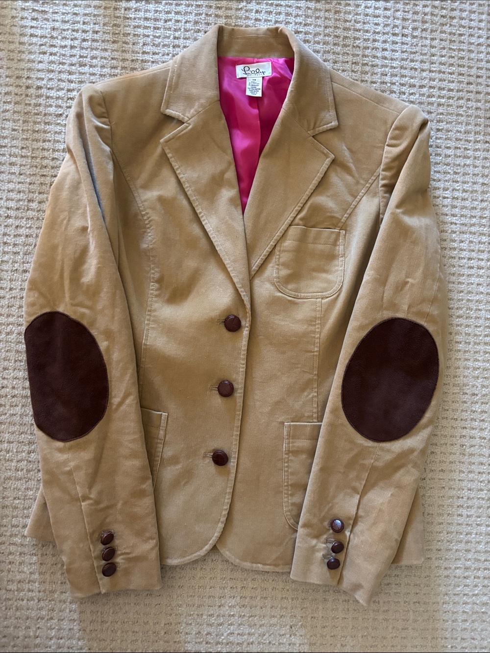Lilly Pulitzer Tan Corduroy Blazer with Brown Elbow Patches and Pink Lining